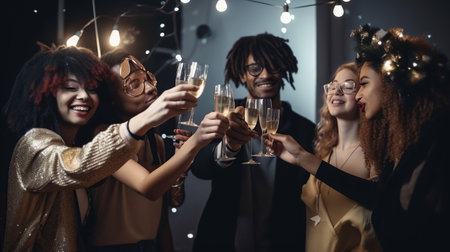 Christmas party time. Young people toasting with champagne flutes. Multiethnic friends congratulating each other with new year. Celebration and nightlife concept, holiday, generative aiの素材