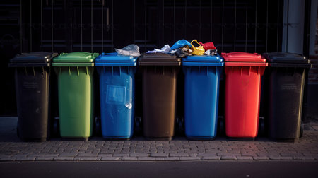 Collection of waste bins full of different types of garbage, recycling and separate waste collection concept, generative aiの素材
