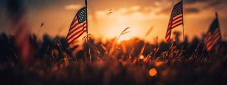 American Flags At Sunset With Fireworks - Abstract Defocused Composition, generative aiの素材