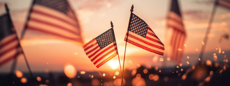 American Flags At Sunset With Fireworks - Abstract Defocused Composition, generative aiの素材