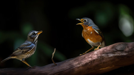 Beautiful background image of a wild robin (Erithacus rubecula) with stunning colors and standing on a branch, generative aiの素材