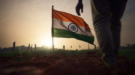 India flag being pushed into the ground by a male silhouette. 3D Rendering, generative aiの素材