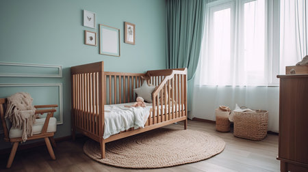 Modern interior of cozy room with big bed and comfortable baby crib, generative aiの素材