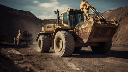 Work of heavy equipment in an open pit for gold ore mining, soft focus, generative aiの素材