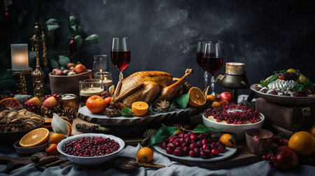 Celebrate Christmas. People arranging food preparing dinner talk and laugh with joy in Christmas eve night. Generative Aiの素材