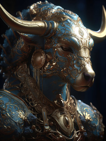 close-up armored Indigenous inspired centaur, iridescent fur, Illustration, Greek Taurus creature, generative aiの素材