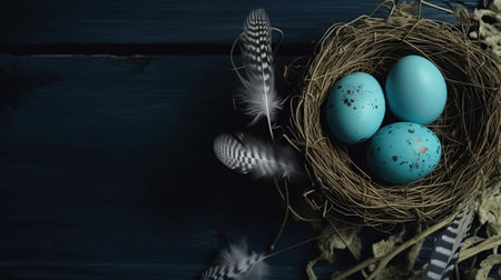 Easter eggs, feathers in a nest on a blue wooden background. The minimal concept. Top view, generative aiの素材