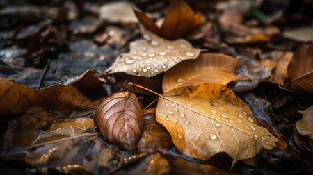 Fallen oak leaves with dew. Autumn oak leaves.water drops on fall oak leaves closeup, generative aiの素材