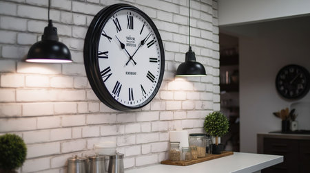 Big clock hanging on white brick wall in kitchen, generative Aiの素材