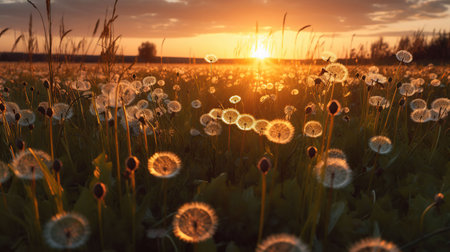 Dandelion Field With Flying Seeds At Sunset, generative aiの素材