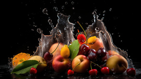 water splash, fruit on a black background wine, apricot and peach, generative aiの素材