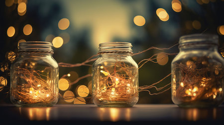 Abstract Christmas Card With Defocused Vintage Effects - String light With Trees In Glass Jars Decoration, Glitter vintage lights background. dark gold and black, generative aiの素材