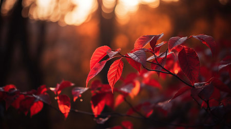 Red Leaves At Sunset With Defocused Lights - Abstract Autumn Background, generative aiの素材