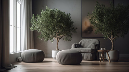 Interior of modern living room with olive tree, armchair and pouf, generative aiの素材