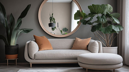 Elegant mirror near sofa in stylish living room interior, generative aiの素材