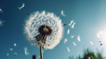 Dandelion with seeds blowing away in the wind across a clear blue sky, generative aiの素材