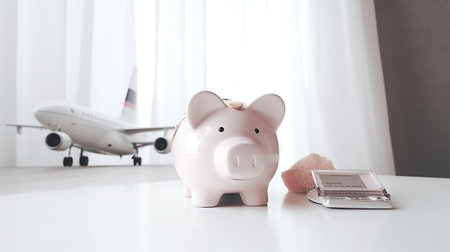 Save your money for travel. Piggy bank with coins, airplane and financial documents on a white desk, generative aiの素材