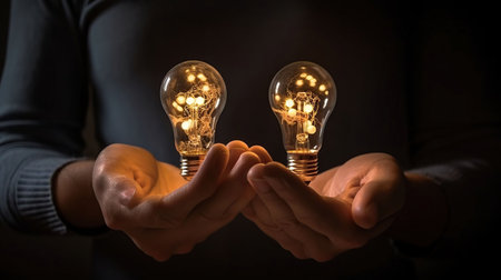 Man holding light bulbs, ideas of new ideas with innovative technology and creativity. concept creativity with bulbs that shine glitter, generative aiの素材