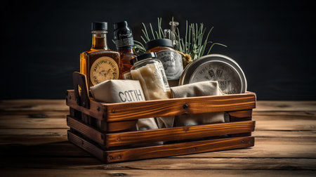 Gift basket with products on wooden background, generative aiの素材