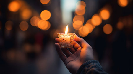 Hands Holding Candle With Shining Flame And Blurry Lights - Defocused Hope Concept, generative aiの素材
