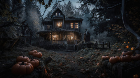 Halloween night scene with pumpkins and witch house. 3D rendering. Generative AIの素材