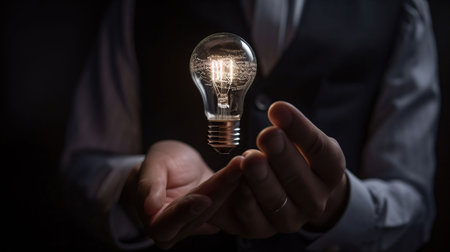 Businessman holding light bulb and brain inside, Idea and imagination, Creative and inspiration, Science innovation with network connection, Solution analysis and development, generative aiの素材