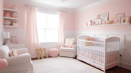 A cute and cozy nursery with light pink walls and white wainscoting, generative aiの素材