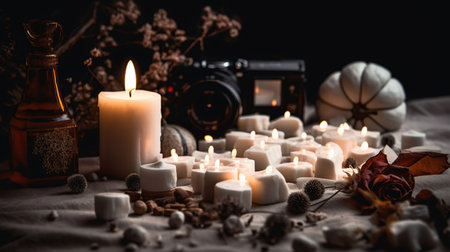 White stones, dried flowers, candles, cinnamon, oil, on mat, generative aiの素材