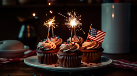 Cupcake Usa Celebration With American Flags And Sparkler, generative aiの素材