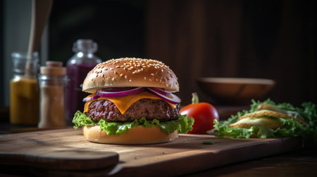 Homemade burger on the wooden table, generative aiの素材