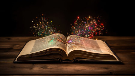 Magical image of open antique book over wooden table with glitter overlay, generative aiの素材