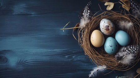 Easter eggs, feathers in a nest on a blue wooden background. The minimal concept. Top view. Card with a copy of the place for the text, generative aiの素材