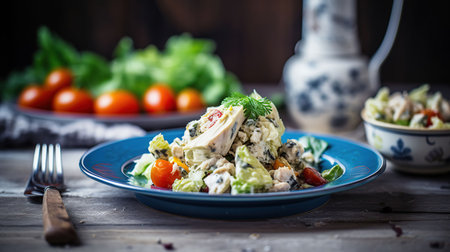 Plate with tasty chicken salad and measuring tape on wooden table, closeup, gnerative aiの素材