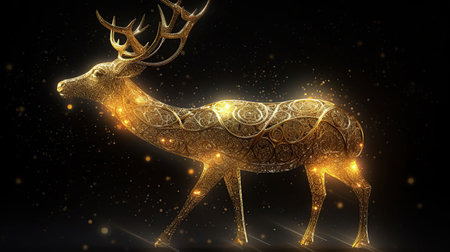 Christmas Illustration - Beautiful Golden Reindeer In Abstract Night, generative aiの素材