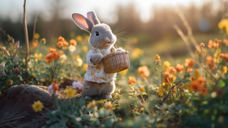 Easter bunny with a basket of eggs. Happy Easter Bunny on a card on their hind legs with flowers at sunset. Generative aiの素材