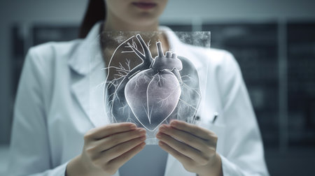 Female doctor holding virtual volumetric drawing of Heart in hand. Handrawn human organ. Healthcare hospital service concept, generative aiの素材