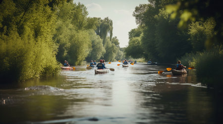 kayaking on the river. Outdoor summer vacations. Holiday travel activities. Discover the beauty of earth, generative aiの素材