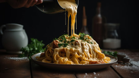 Pouring tasty cheese sauce onto spaghetti with meat on wooden table, generative aiの素材