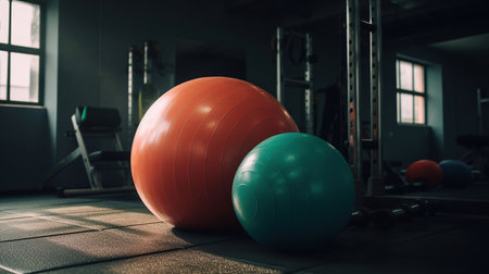 Fitness ball in gym and different sports equipment, generative aiの素材