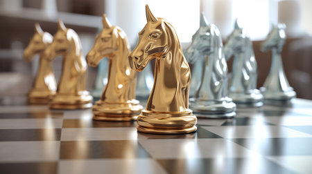 Golden chess unicorn with silver pawns - 3D illustration, generative aiの素材