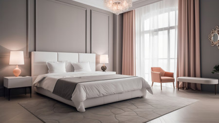 Interior of modern room with big bed, tables and lamp, generative aiの素材