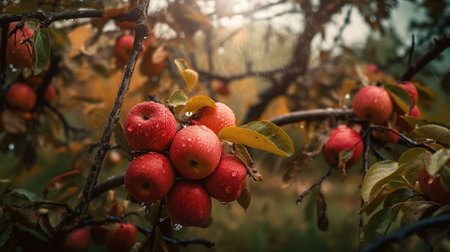 Red apples on a tree. It's raining Photographed garden, generative aiの素材