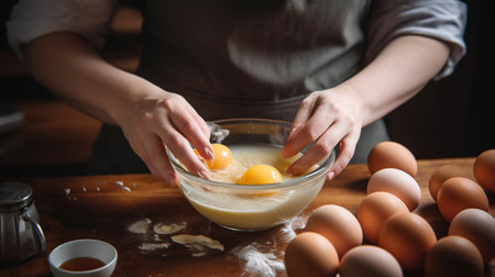 Woman cracking eggs into bowl for cooking pastry, generative aiの素材
