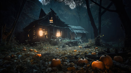 Halloween background with pumpkins and old wooden house in foggy forest. Generative AIの素材