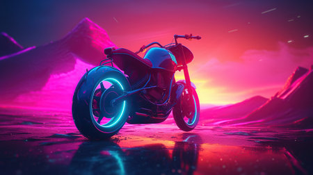 Futuristic motorbike on a vibrant colorful retrowave landscape with a grid pattern in the cyberspace horizontal version - concept art - 3D rendering, generative aiの素材