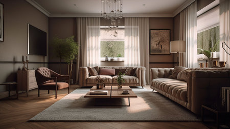 Interior of stylish room with big bed and mirror, generative aiの素材
