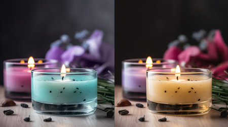 Composition of spa treatment on table colorful candle background, generative aiの素材