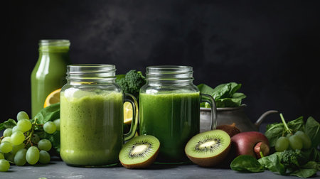 Glass jar mugs with green health smoothie, kale leaves, lime, apple, kiwi, grapes, banana, avocado, lettuce. vegan, vegetarian, alkaline food concept, generative aiの素材