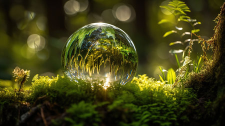 Environment. Glass Globe On Grass Moss In Forest - Green Planet With Abstract Defocused Bokeh Lights - Environmental Conservation Concept, generative aiの素材