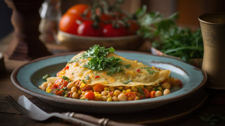 Indian chickpea crepes Pudla served on a plate with tomatoes, lime, cilantro, mash (mung bean) salad, chilli, ginger, bell pepper, generative aiの素材